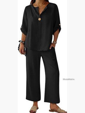 2 Piece Lounge Set: 3/4 Sleeve V Neck Top & Wide Leg Palazzo Pants